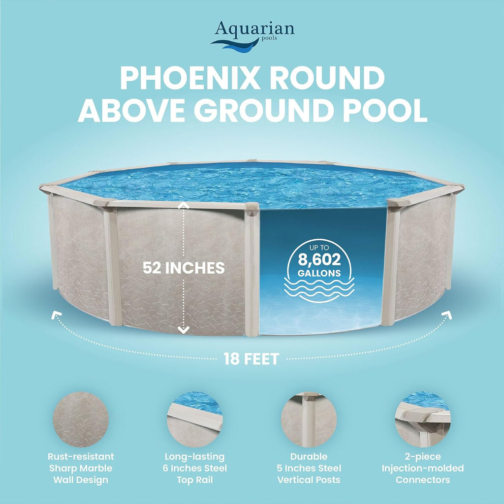 Aquarian Phoenix 18-Foot x 52-Inch Round Above Ground Swimming Pool – Easy to Assemble Backyard Family Water Recreation with Steel Frame & Metal Wall