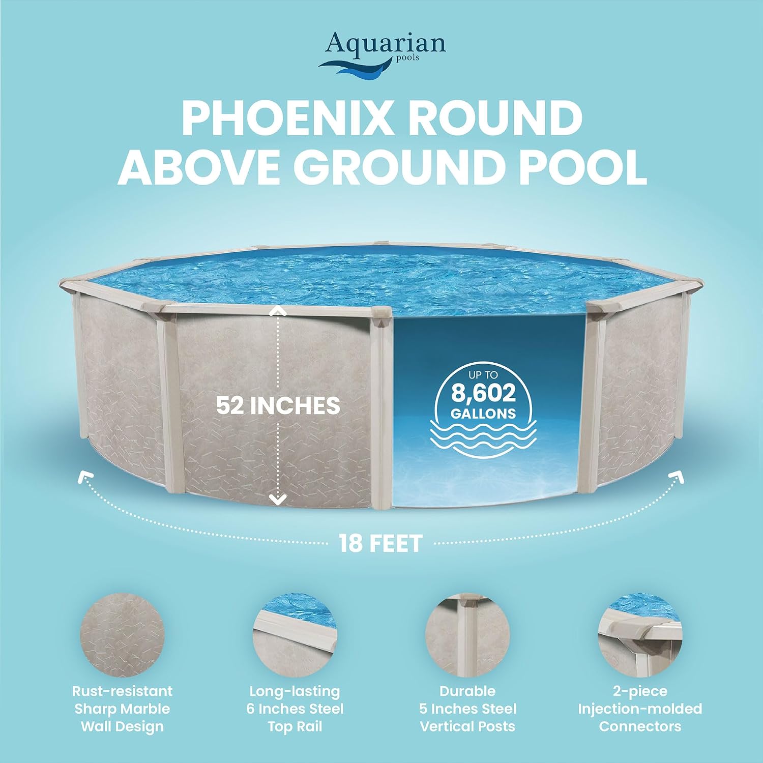 Aquarian Phoenix 18-Foot x 52-Inch Round Above Ground Swimming Pool – Easy to Assemble Backyard Family Water Recreation with Steel Frame & Metal Wall