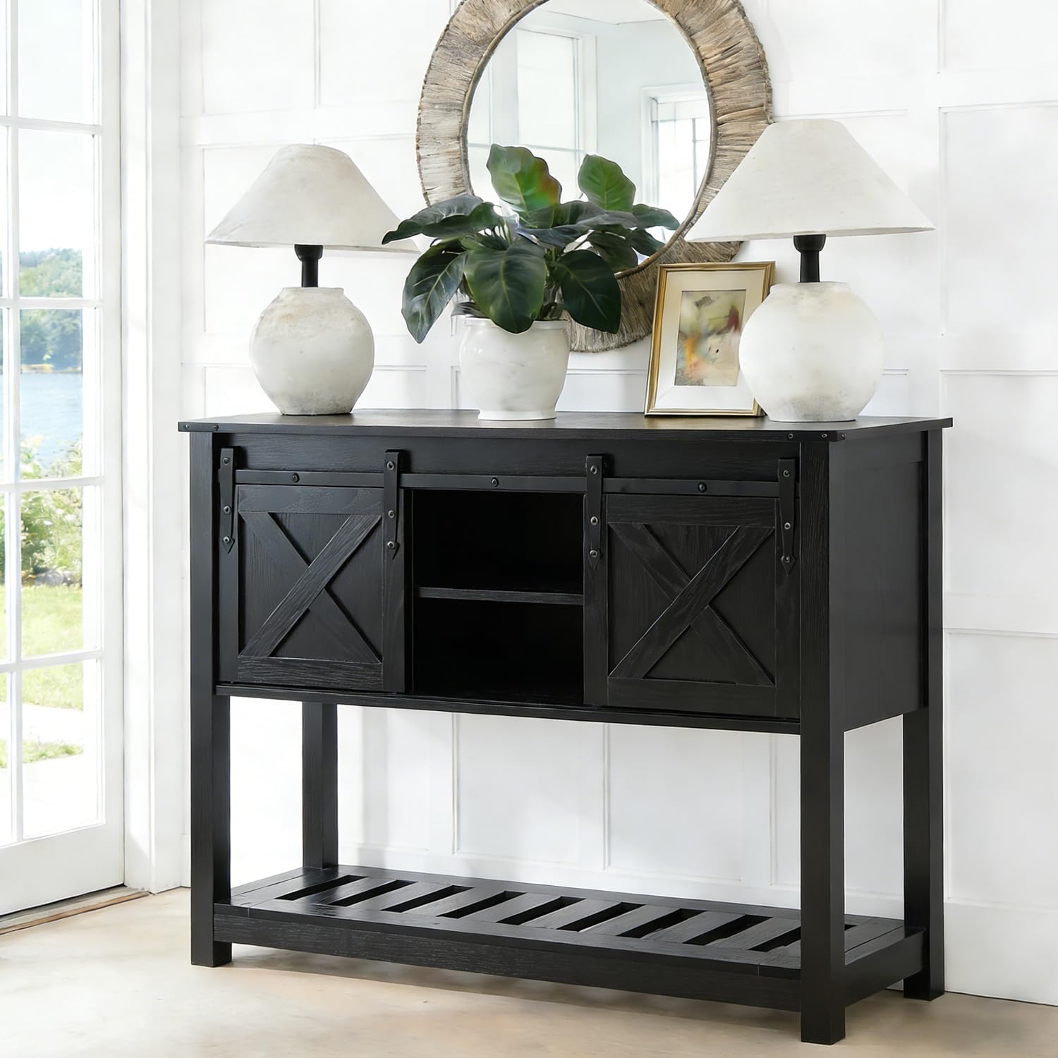 Farmhouse Entryway Table with Sliding Barn Doors,Wood Console Table with Storage Shelf,Rustic Sofa Table for Living Room, Entryway, Foyer, Black