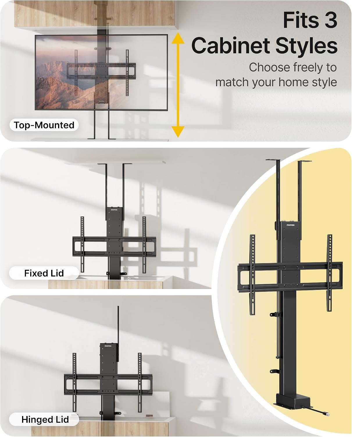monTEK Motorized TV Lift for 43-88 inch TVs, Ceiling&Vertical TV Lift Mechanism with RF Remote, Smart Phone & Voice Control via WiFi, Up to 132lbs, 4X Load Tested, Max VESA 600 * 400