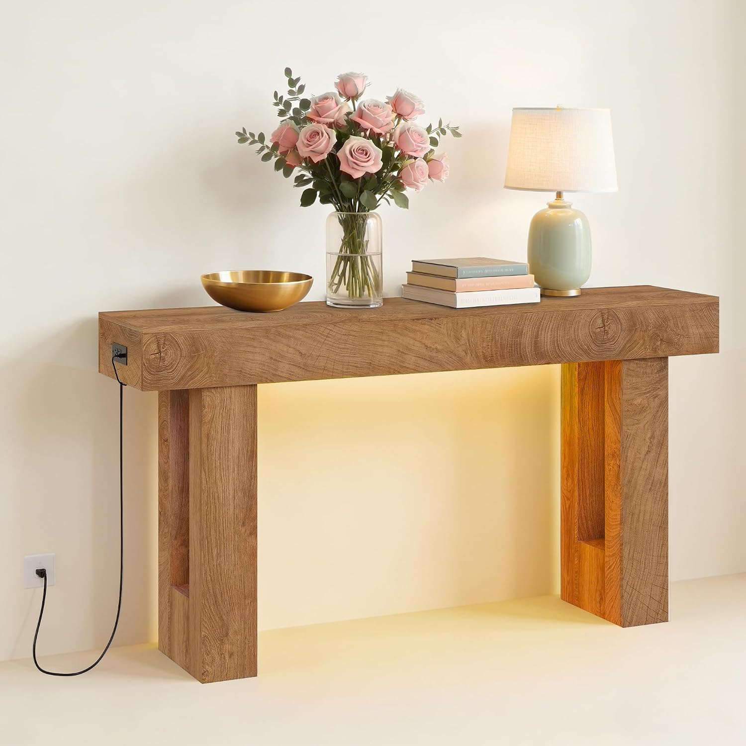 63' Long Console Table with Power Outlet LED Lights, Modern Entryway Table with Human Sensor Light, Large Industrial Hallway Accent Furniture for Living Room, Entryway, Hallway