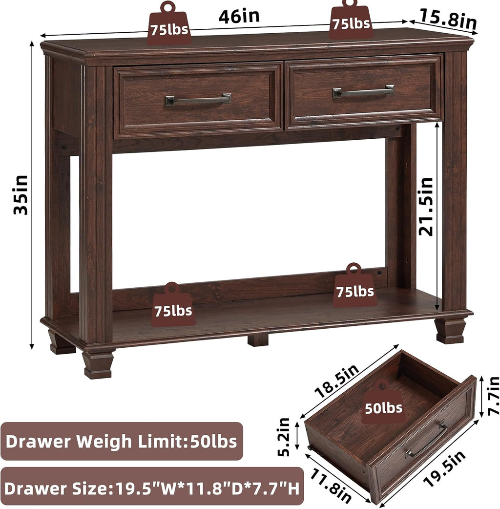 SAVOR LIFE Farmhouse 46' Console Table with 2 Drawers, Rustic Wood 2 Tier Entryway Table with Open Storage Shelf for Entry, Large Mid-Century Vintage Sofa Tables Behind Couch for Living Room, Walnut