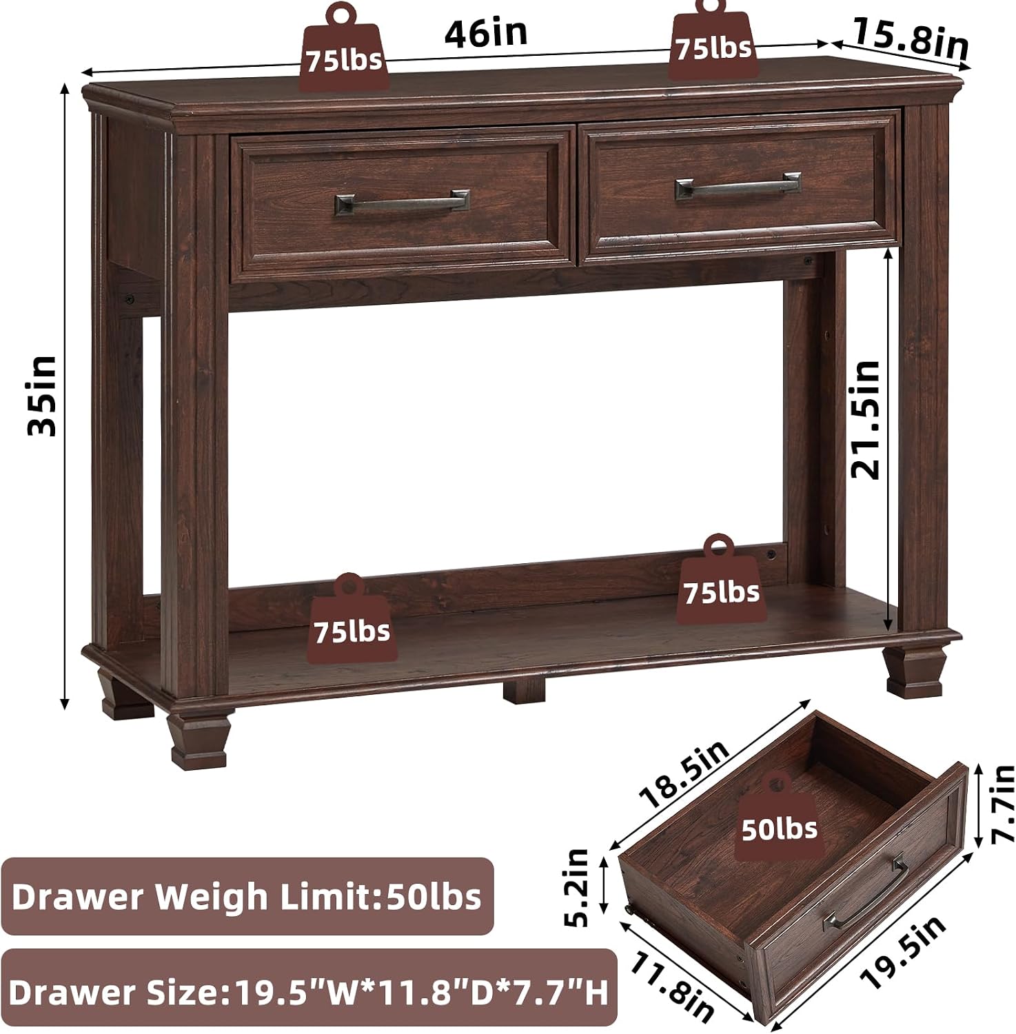 SAVOR LIFE Farmhouse 46' Console Table with 2 Drawers, Rustic Wood 2 Tier Entryway Table with Open Storage Shelf for Entry, Large Mid-Century Vintage Sofa Tables Behind Couch for Living Room, Walnut