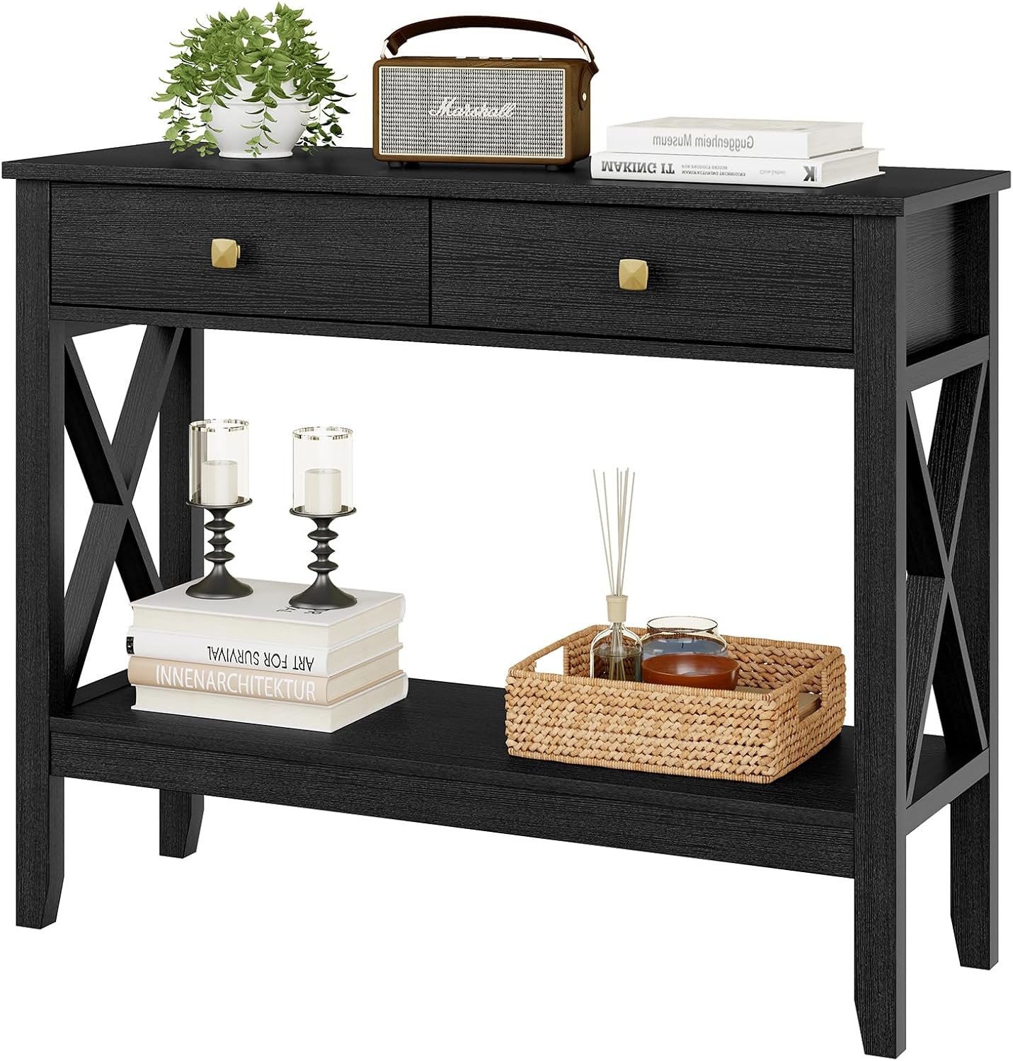 Lomojo Console Table,Sofa Table 13.8' D x 39.37' W x 31.5' HEntryway Table with 2 Drawers Storage Shelve Foyer Table for Entryway Farmhouse Hallway Tables (Black)