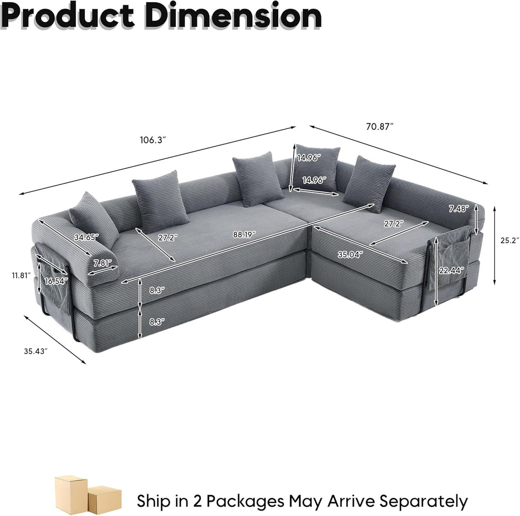 Oversized Modular Cloud Couch for Living Room, Corduroy L-Shaped Sectional Sleeper Sofa Bed with Fixed-Shape Frame, Modern Boneless Couch with Pillows & Storage，Grey