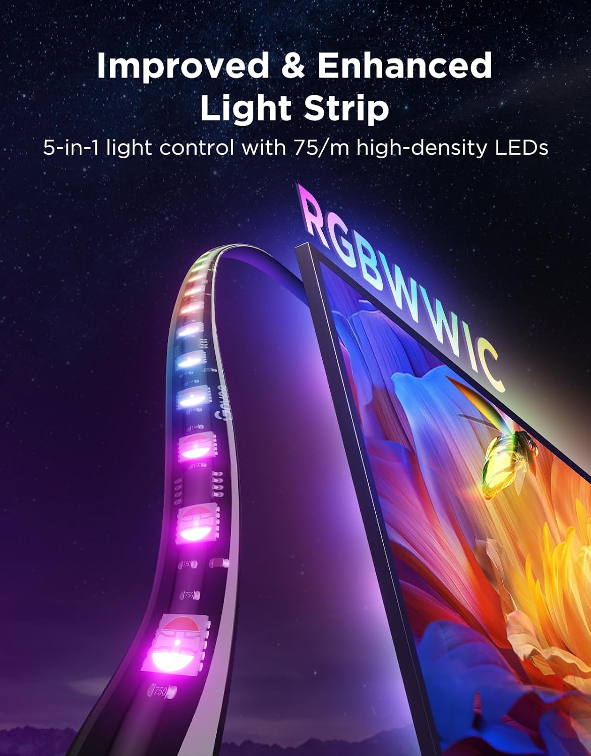 Govee TV Backlight 3 Pro with HDR Triple Camera, 11.8ft 5-in-1 RGBWWIC LED Strip Lights that Change with 55-65 Inch TVs, 75LEDs/m, Supports AI Filter, Smart App and Voice Control, DreamView Sync
