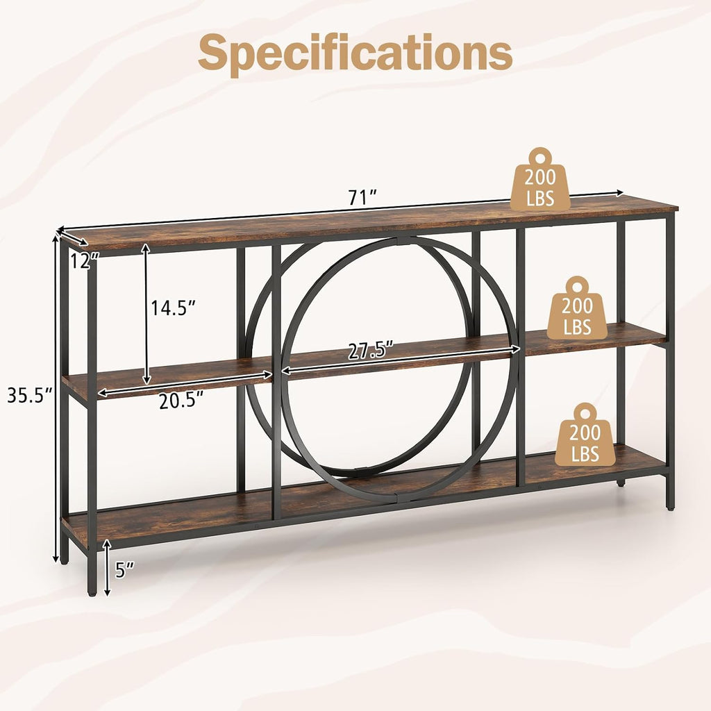 Giantex Narrow Long Console Table, 3-Tier Entryway Table with Faux Wood Grain Top&Heavy-Duty Metal Frame, Mid-Century Accent Sofa Tables with Open Storage Shelves for Living Room, Hallway(Brown+Black)