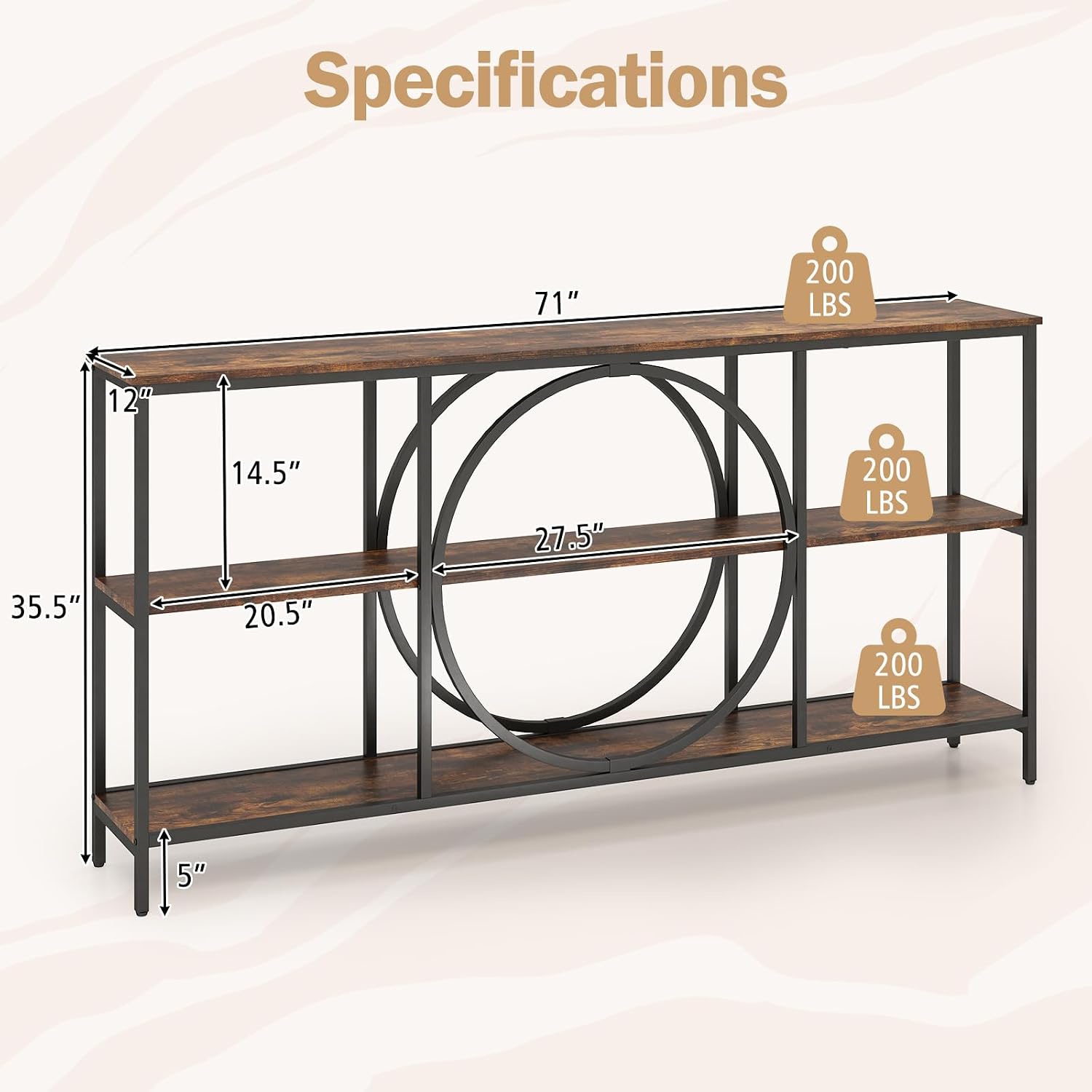 Giantex Narrow Long Console Table, 3-Tier Entryway Table with Faux Wood Grain Top&Heavy-Duty Metal Frame, Mid-Century Accent Sofa Tables with Open Storage Shelves for Living Room, Hallway(Brown+Black)