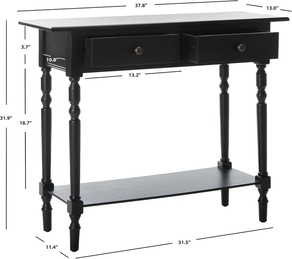 SAFAVIEH Home Collection – Rosemary Distressed Black Console Table with Drawers & Shelf, Classic Contemporary Storage Console, Turned Leg Design (AMH5705B)