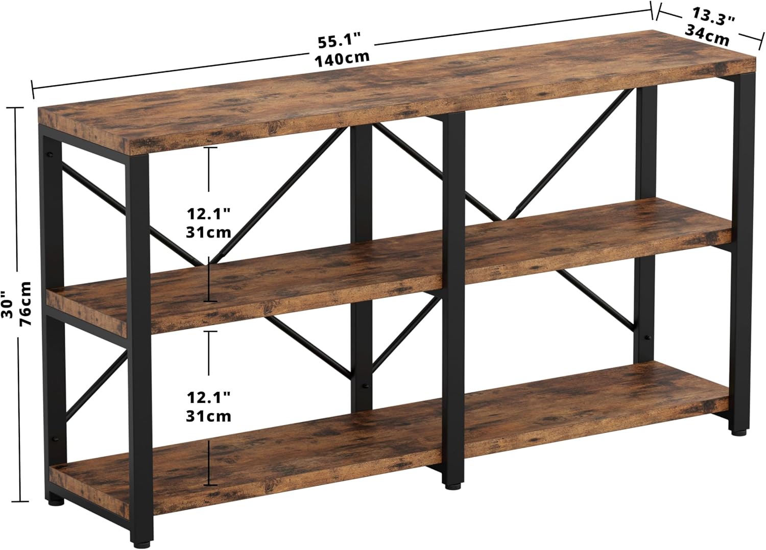 IRONCK Rustic Entryway Console Table, Long Hallway Table 55 in 3-Tier, TV Stand Entertainment Center Media Stand for Living Room, Industrial Style, Vintage Brown | Rustic, Long, Living Room
