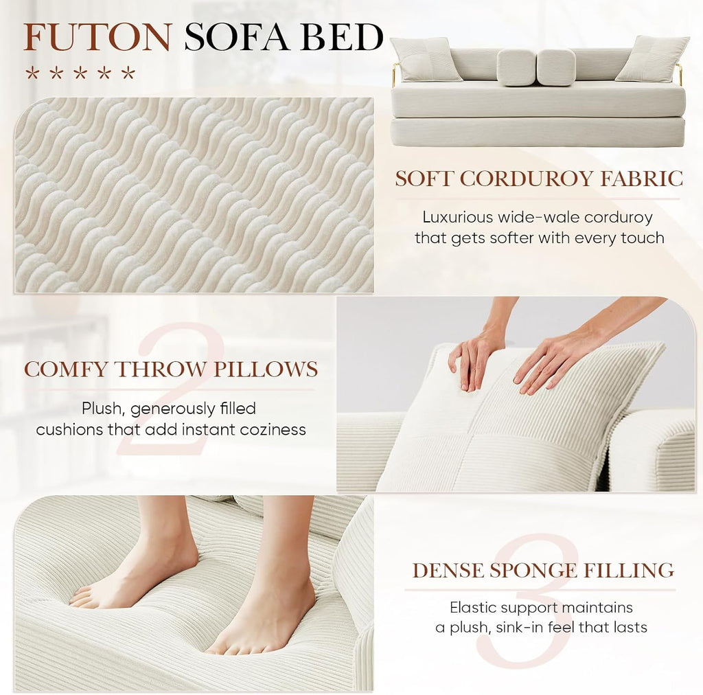 Antetek Modular Couch Bed, Convertible Folding Plush Corduroy Comfy Floor Memory Foam Compression Loveseat Sleeper Sofa Couch, King Size Bed for Guest Room Living Room Bedroom, No Assembly, Cream