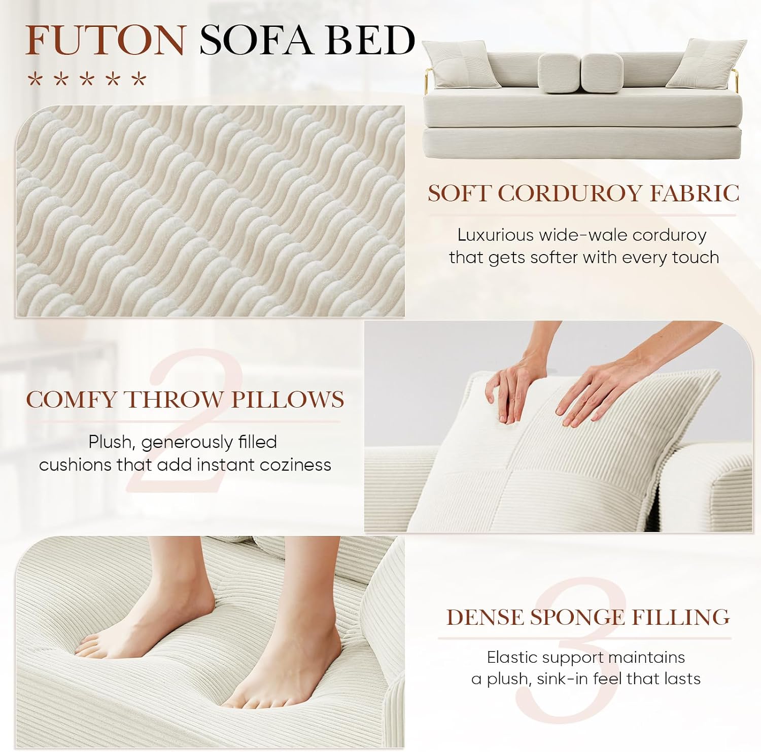Antetek Modular Couch Bed, Convertible Folding Plush Corduroy Comfy Floor Memory Foam Compression Loveseat Sleeper Sofa Couch, King Size Bed for Guest Room Living Room Bedroom, No Assembly, Cream