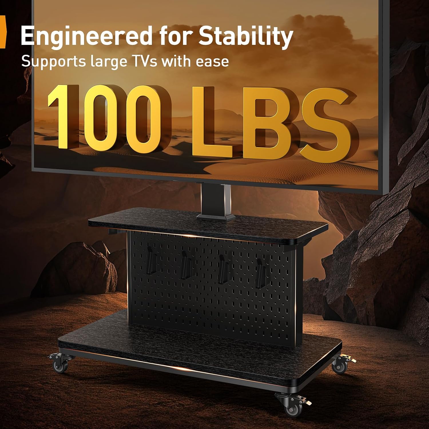 Perlegear Motorized Mobile TV Stand on Wheels, Electric Height Adjustable TV Cart for 32-80″ TVs up to 100 lbs, Rolling TV Stand with Remote Control, 4 Height Memory, ±35° Swivel with Pegboard Storage
