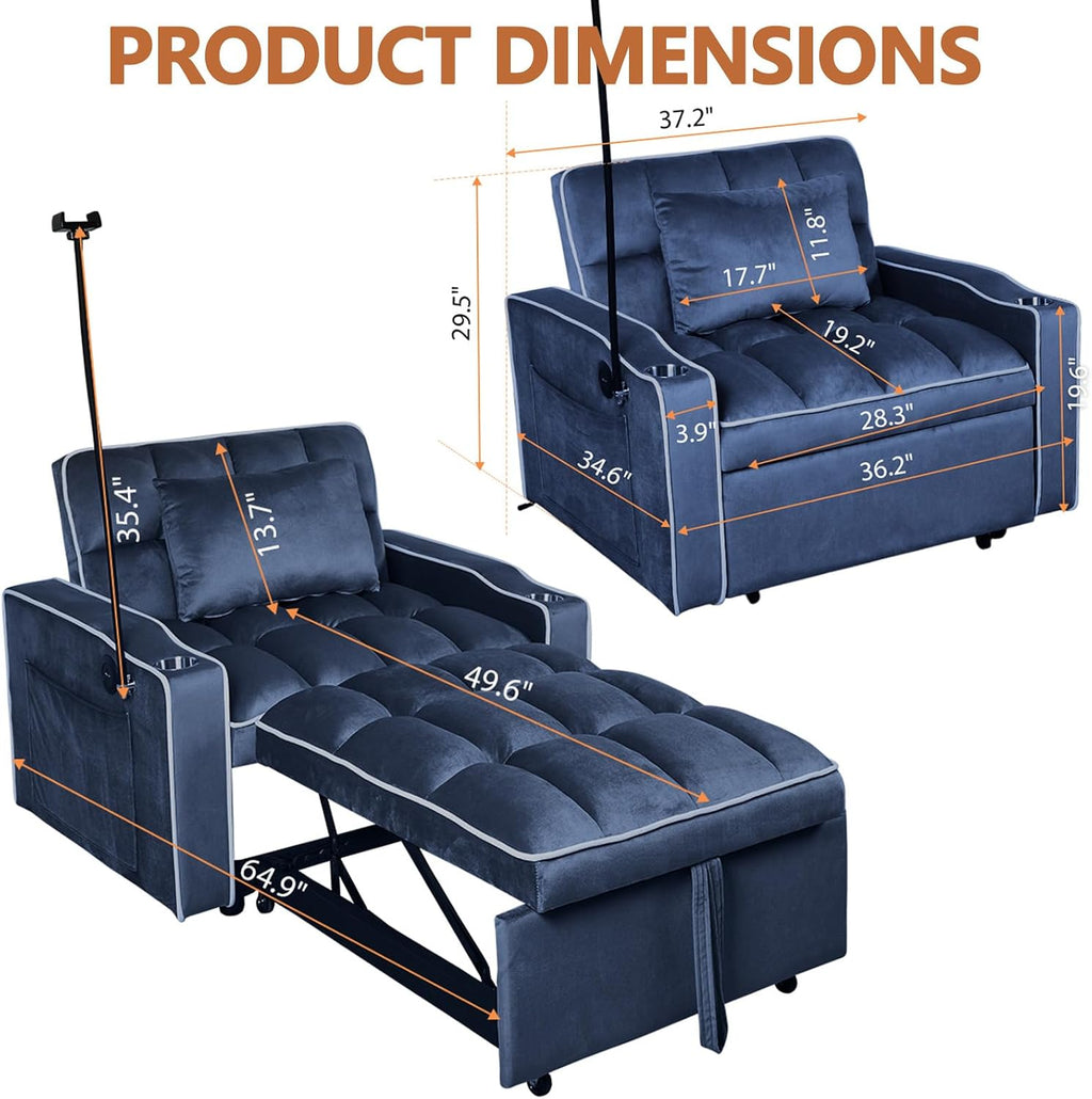 Majnesvon Modern Velvet Fabric Sofa Bed Futon,3 in 1 Convertible Pullout Bed Couches with 3 Reclining Backrests,Phone Stand,Small Sofa Single Sleeper Chair Bed for Living Room Bedroom (Blue)