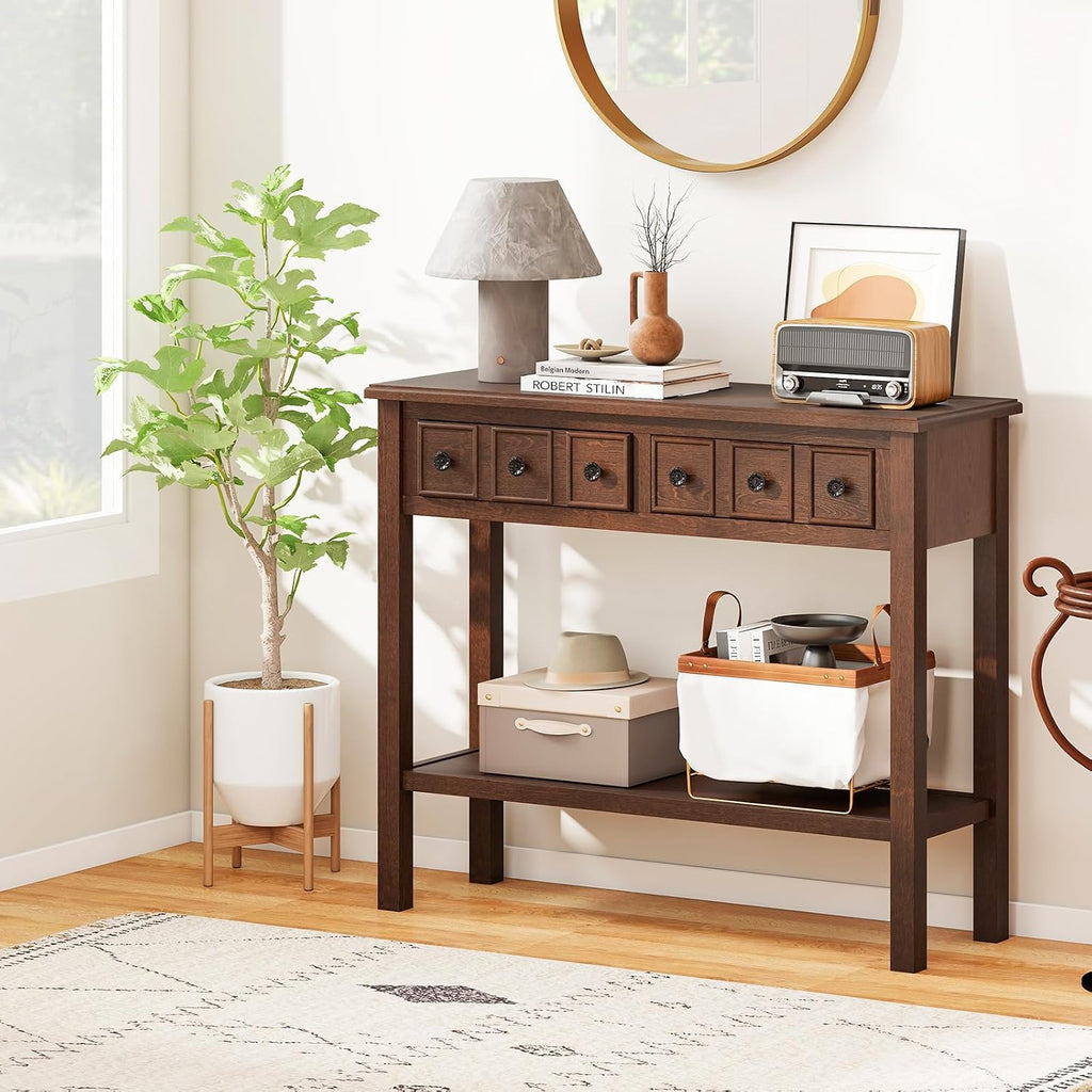 Giantex 2-Tier Narrow Console Table, 38' Retro Entryway Table with 2 Drawers and Open Storage Shelf, Wood Accent Sofa Tables for Living Room, Foyer, Hallway, Bedroom, Entrance