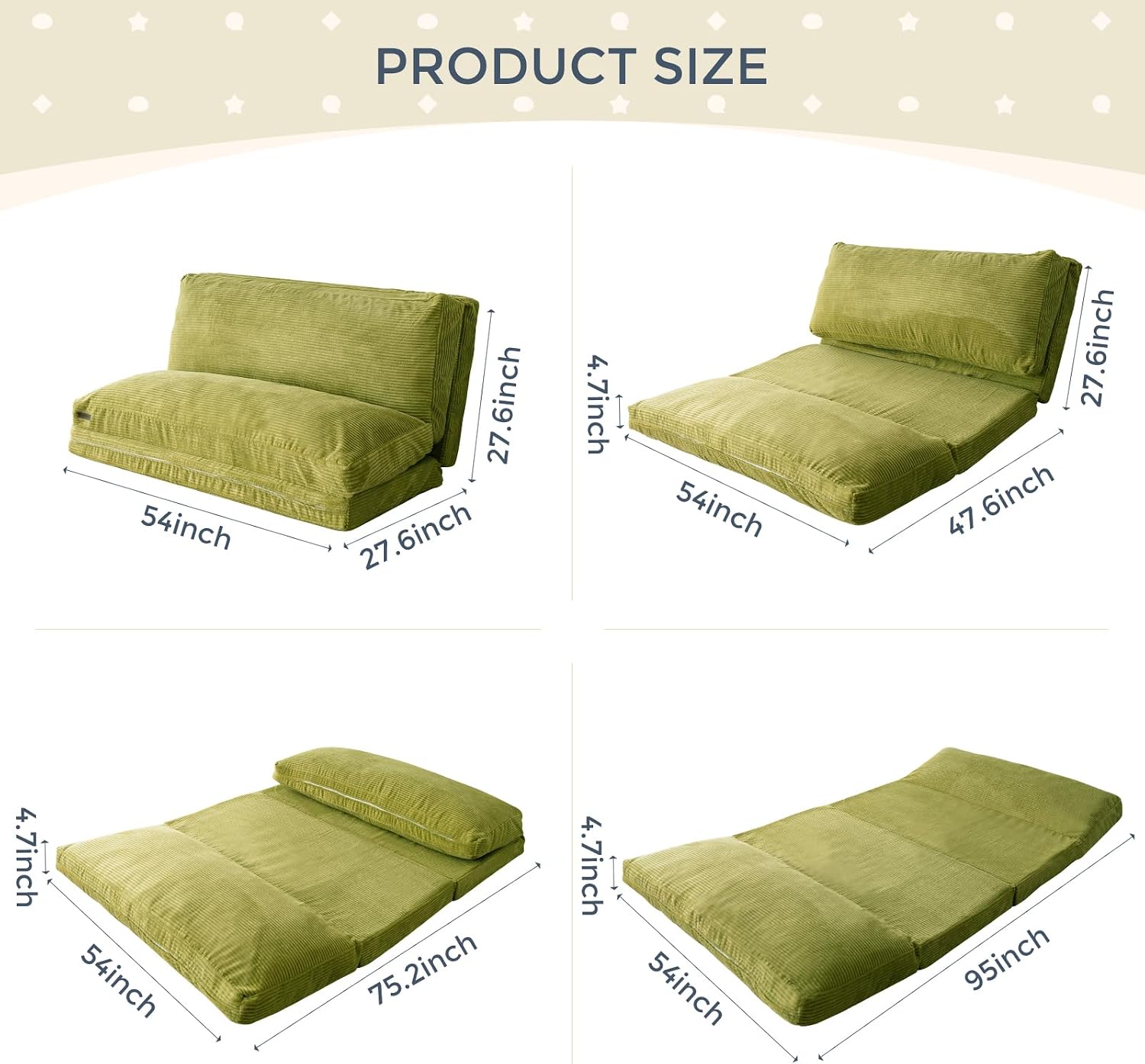MAXYOYO Folding Sofa Bed, Extra Thick and Long Floor Sofa Convertible Sleeper Chair with Washable Cover, Floor Couch Lounge Bean Bag Bed for Living Room, Green, 54x95 Inch