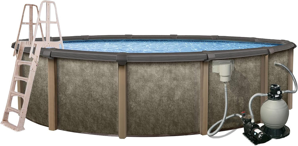 Blue Wave Riviera 24-ft Round 54-in Deep Above Ground Swimming Pool – with Steel Wall, Top Rails, Sand Filter, Overlap Liner, A-Frame Ladder & Maintenance Kit – Complete Outdoor Pool Accessories