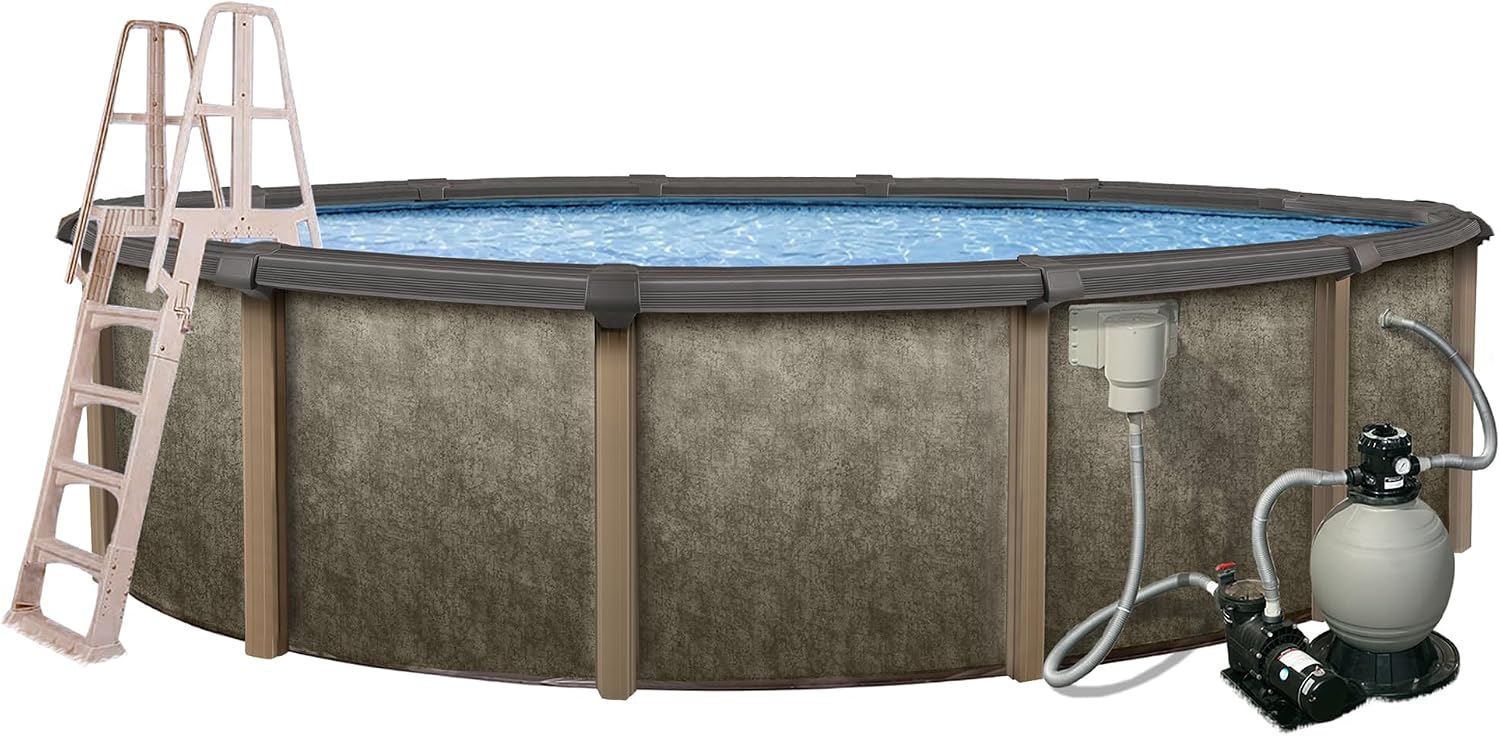 Blue Wave Riviera 24-ft Round 54-in Deep Above Ground Swimming Pool – with Steel Wall, Top Rails, Sand Filter, Overlap Liner, A-Frame Ladder & Maintenance Kit – Complete Outdoor Pool Accessories