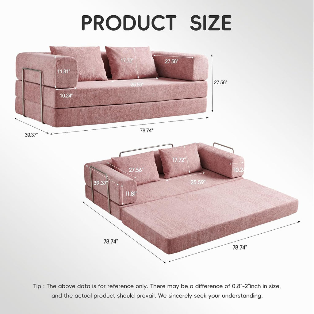 5-in-1 Convertible Folding Sofa Bed, 79' Queen Chenille Boneless Couch with Removable Armrests, No Assembly Loveseat Sleeper Sofa, Modular Futon Couch for Living Room & Bedroom (Pink)
