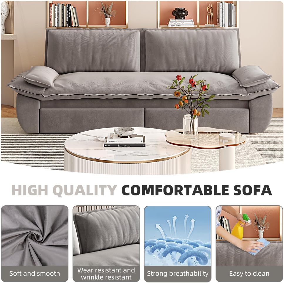 73.2' Sleeper Sofa Bed Queen Size, 3-in-1 Convertible Couch, Modern Pull Out Couches, Comfy Velvet Futon Sofa, Cloud Loveseat Lounge, Pillow Arm for Small Spaces, Living Room, Apartment, Grey