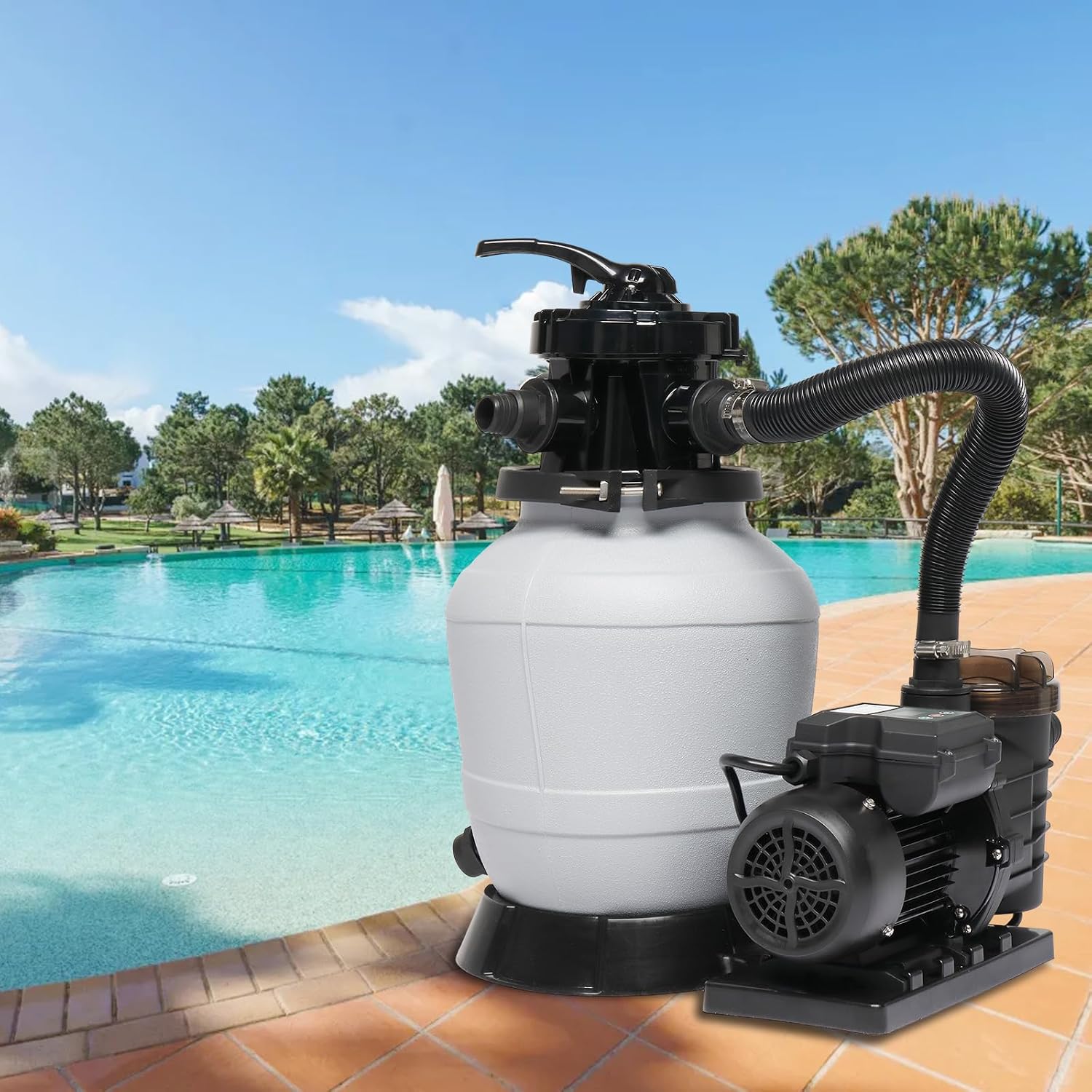 (24H Timer) VINGLI Sand Pool Filter 14in Tank With A 3/4HP Pool Pump 115V and Pool Filter Balls, Above Ground Swimming Pool Pump with Filter Basket,Max Flow Rate 3435GPH