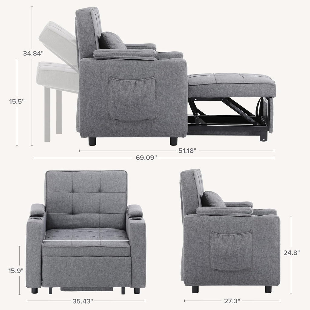 COMHOMA Sleeper Chair Bed,Convertible Sofa Bed Armchair with Cup Holders,3-in-1 Futon Bed Chair with Side Pocket Pull Out Sofa Bed Couch for Living Room,Bedroom (Grey)