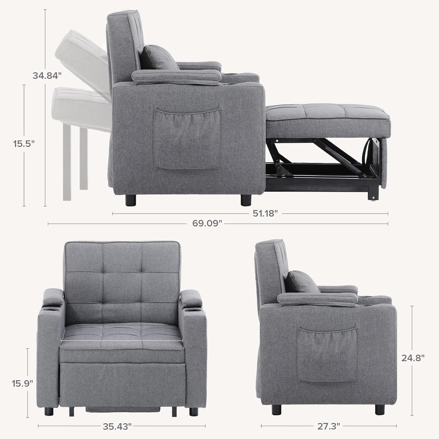 COMHOMA Sleeper Chair Bed,Convertible Sofa Bed Armchair with Cup Holders,3-in-1 Futon Bed Chair with Side Pocket Pull Out Sofa Bed Couch for Living Room,Bedroom (Grey)