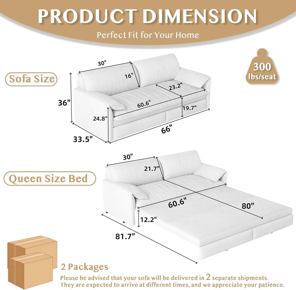 66' Sleeper Sofa Bed Queen Size, 3-in-1 Convertible Couch, Modern Pull Out Couches, Comfy Velvet Futon Sofa, Cloud Loveseat Lounge, Pillow Arm, for Small Spaces, Living Room, Apartment, Grey