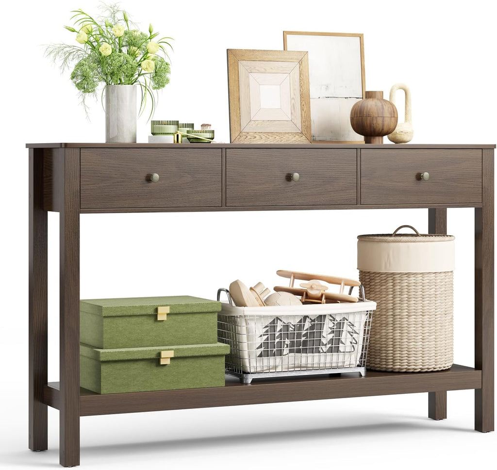 Gizoon Sofa Table with 3 Drawers, Modern Accent Console Table with Open Shelf, Large Storage Space, for Living Room, Front Hall, Entrance Hall, Study Room, Dark Brown