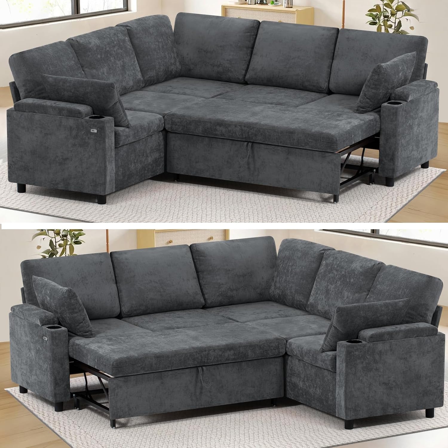 85' Chenille Reversible Sectional Sofa w/Pull Out Bed, Upholstery L-Shaped Couch w/Storage Armrests & Cup Holders, Modern Corner Sofa w/USB Charging Port & Throw Pillow for Living Room, Grey