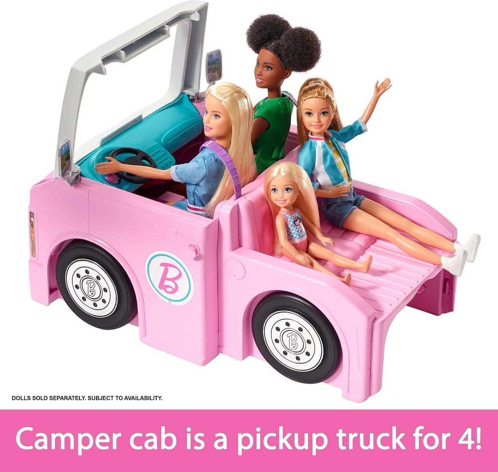 Barbie 3-in-1 DreamCamper Vehicle, Approx. 3-ft, Transforming Camper with Pool, Truck, Boat and 60 Accessories, Makes a Great Gift for 3 to 7 Year Olds
