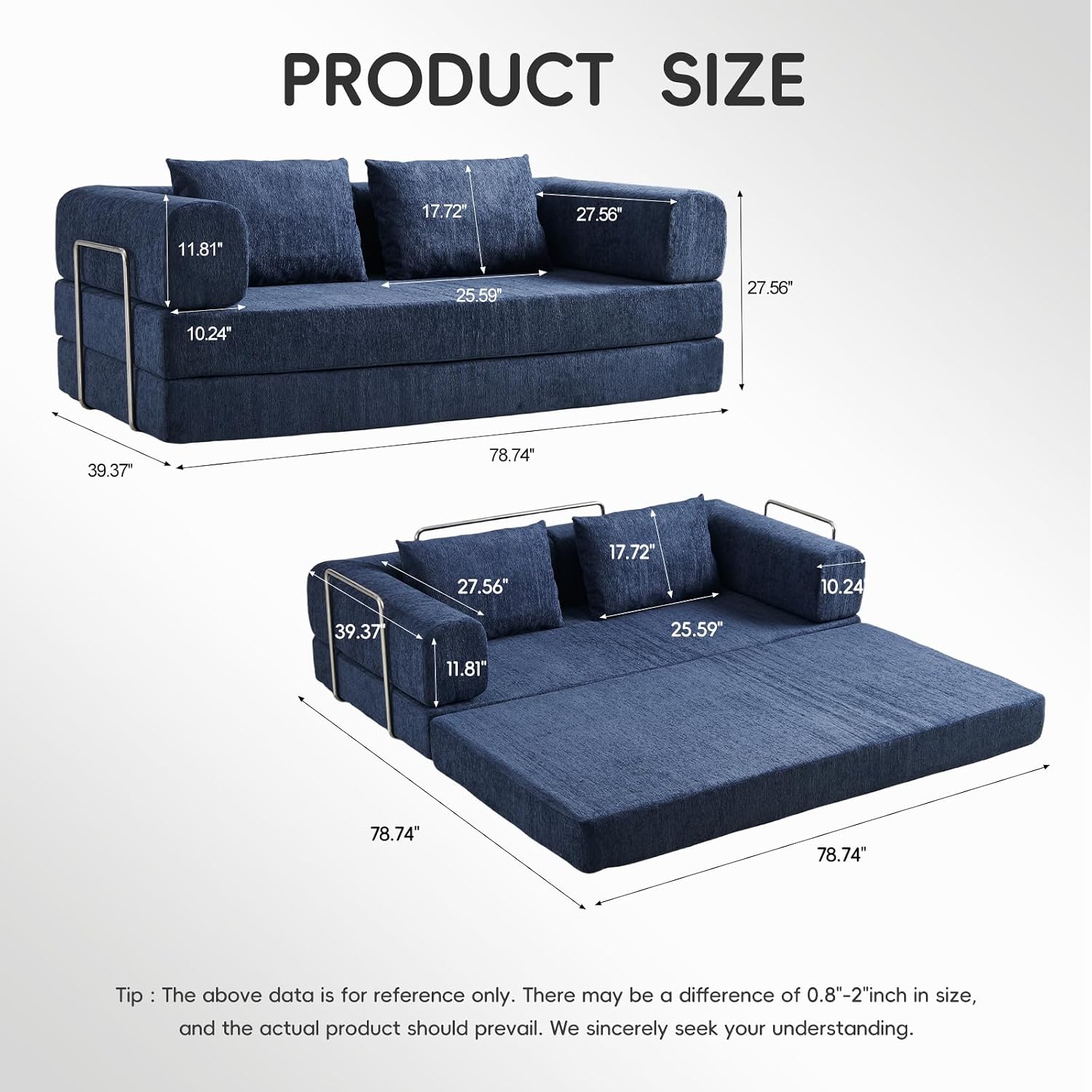 5-in-1 Convertible Folding Sofa Bed, 79' Queen Chenille Boneless Couch with Removable Armrests, No Assembly Loveseat Sleeper Sofa, Modular Futon Couch for Living Room & Bedroom (Blue)