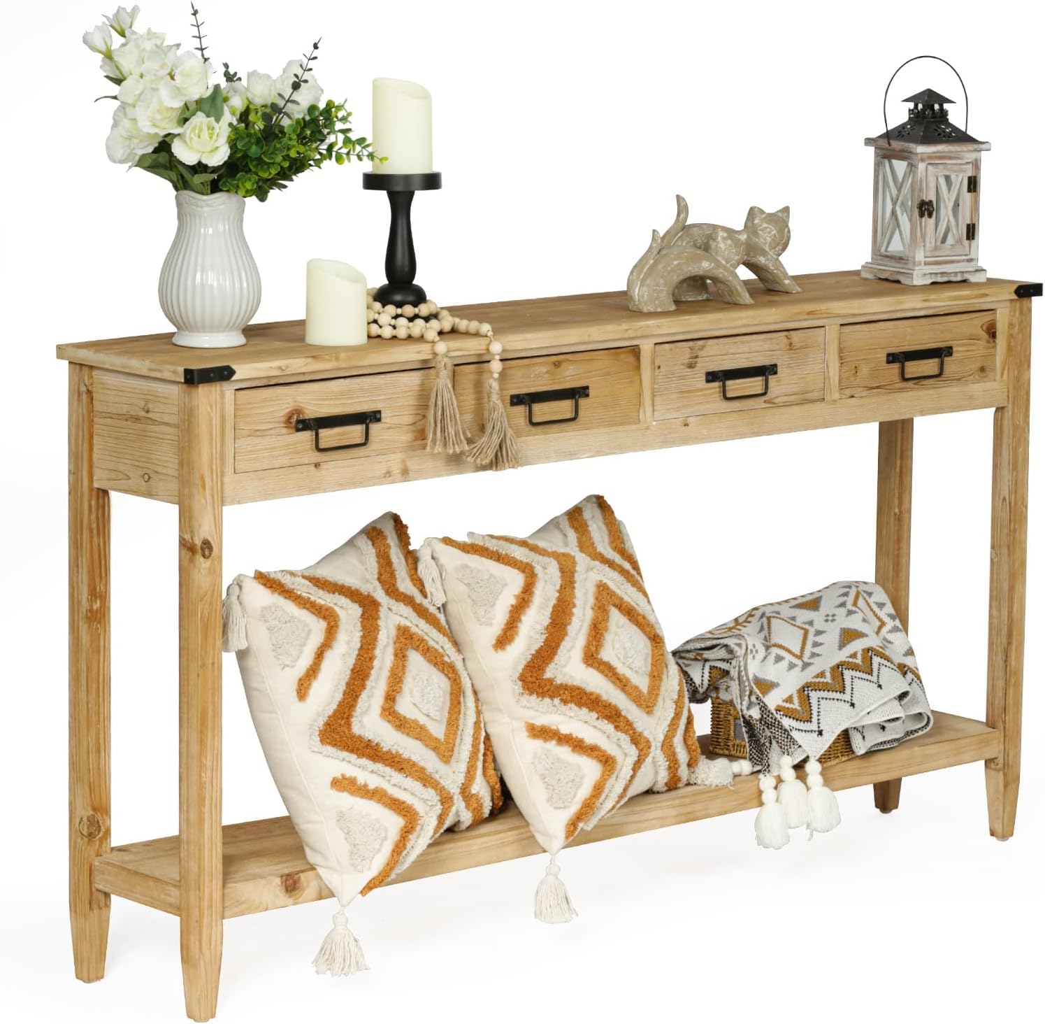 RUSTOWN Farmhouse Console Table with 4 Drawer, 60' Long Rustic Entryway Table with Open Storage Shelves and Handmade Metal Handle, Narrow Foyer Sofa Table for Living Room, Entryway, Hallway(Natural)