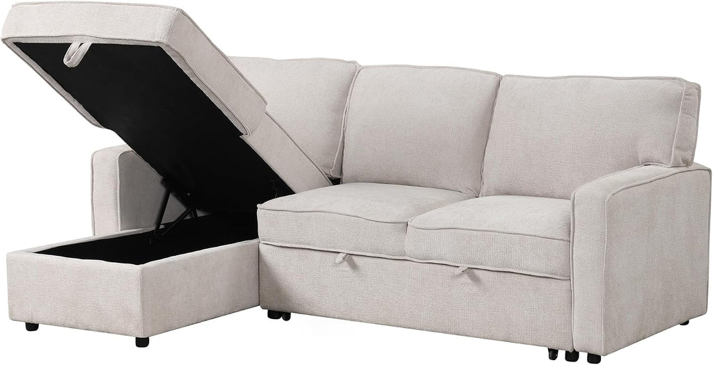 Ball & Cast 89' Sleeper Sofa, L Shaped Sectional Couch with Pullout Bed & Reversible Storage Chaise,Upholstered Sofa Bed with 2 Cup Holders & USB Port,Pull Out Couch for Living Room, Apartment,Beige
