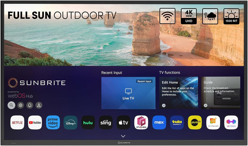 SunBrite 55' Solis Smart Outdoor Television, Full-Sun 4K TV, 1500-Nit Brightness, Anti-Glare Screen, IP55 Weatherproof, Wi-Fi Bluetooth, Integrated Speakers SB-FS-55-BL