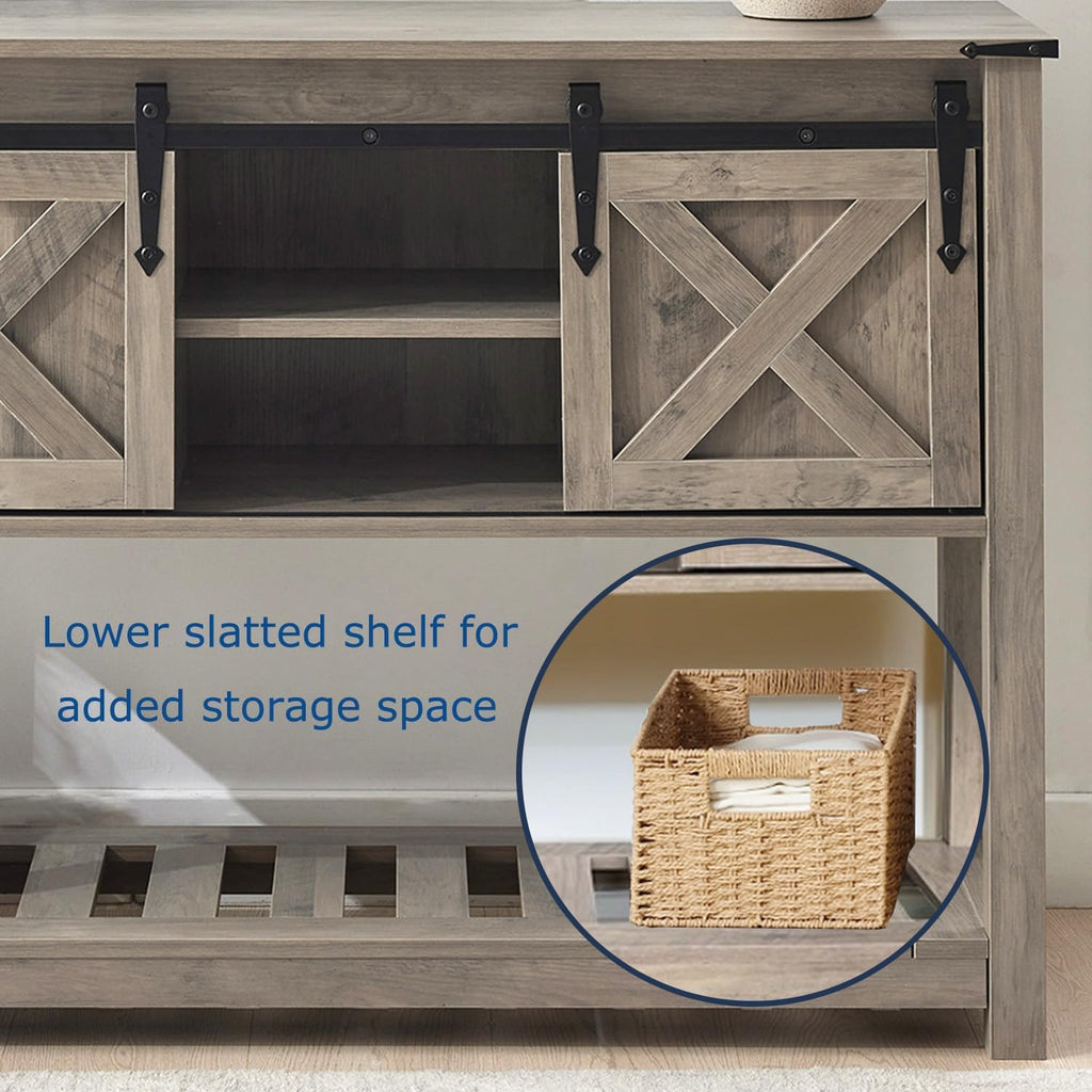 Grey Farmhouse Entryway Table, Rustic Hallway Table with Storage Shelf, Sofa Table with Sliding Barn Doors for Hallway, Entryway, Living Room, Foyer