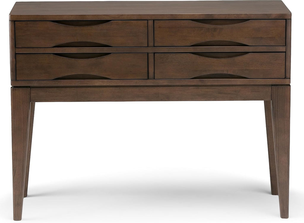 SIMPLIHOME Harper Console Table - 40 Inch Wide Solid Hardwood Sofa Table in Walnut Brown, Mid-Century Modern Storage Table for Entryway or Living Room with 4 Drawers, Notched Handles, and Tapered Legs