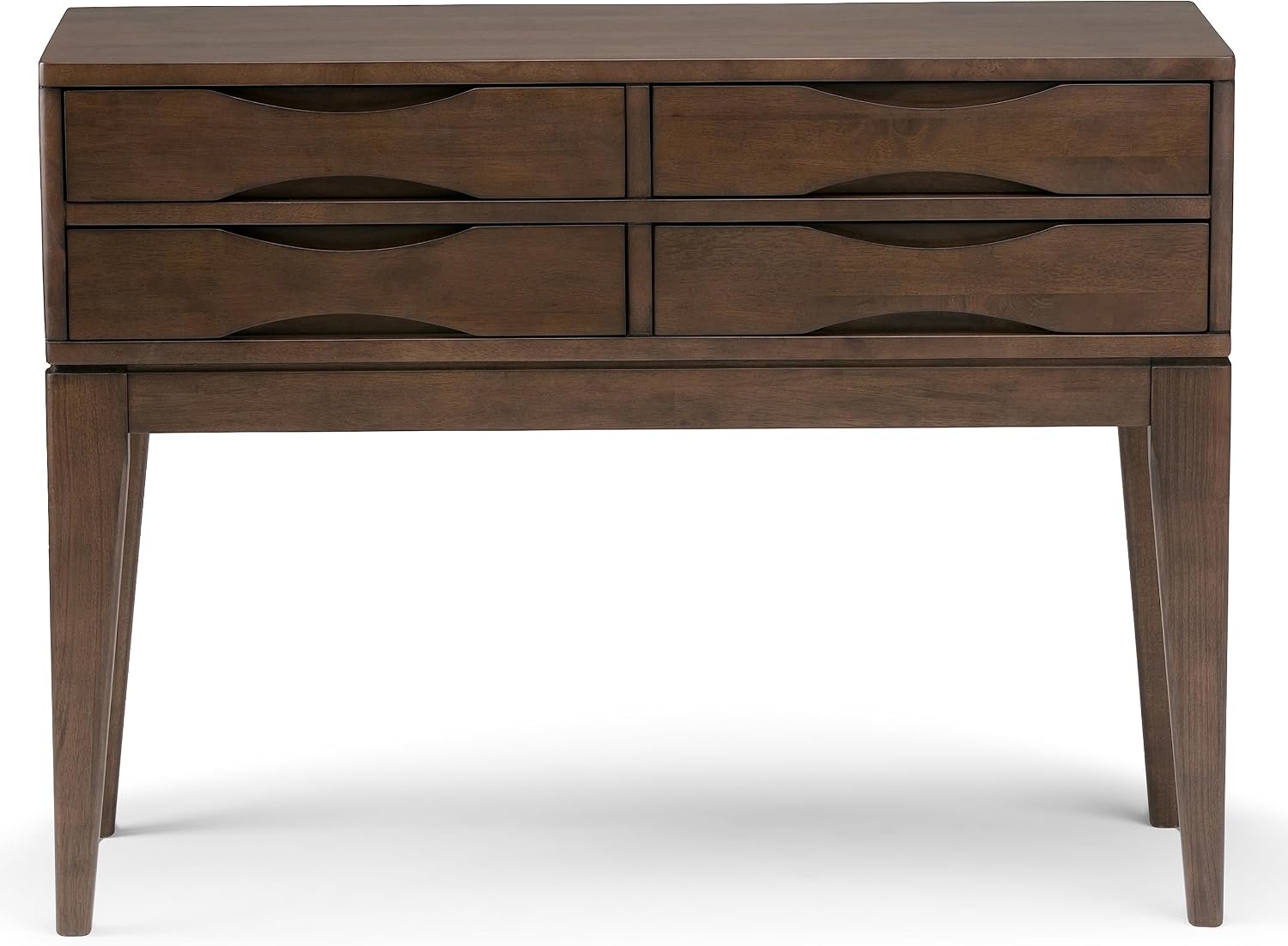 SIMPLIHOME Harper Console Table - 40 Inch Wide Solid Hardwood Sofa Table in Walnut Brown, Mid-Century Modern Storage Table for Entryway or Living Room with 4 Drawers, Notched Handles, and Tapered Legs