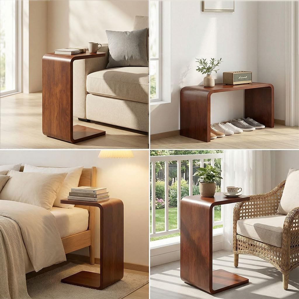 CHSSIH C Shaped End Table for Couch - Wooden Sofa Side Table, Slide Under Couch Table for Living Room, Bedroom, Laptop, Coffee, Small Space Narrow Furniture, Walnut