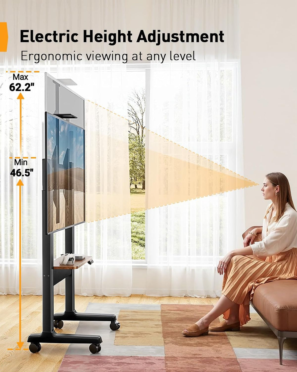 Perlegear Motorized Mobile TV Stand on Wheels for 37–86 Inch TVs up to 154 lbs, Electric Height Adjustable Rolling TV Stand, VESA 200x200–600x400mm, Wooden Shelf & Panel, PGTVMC26B