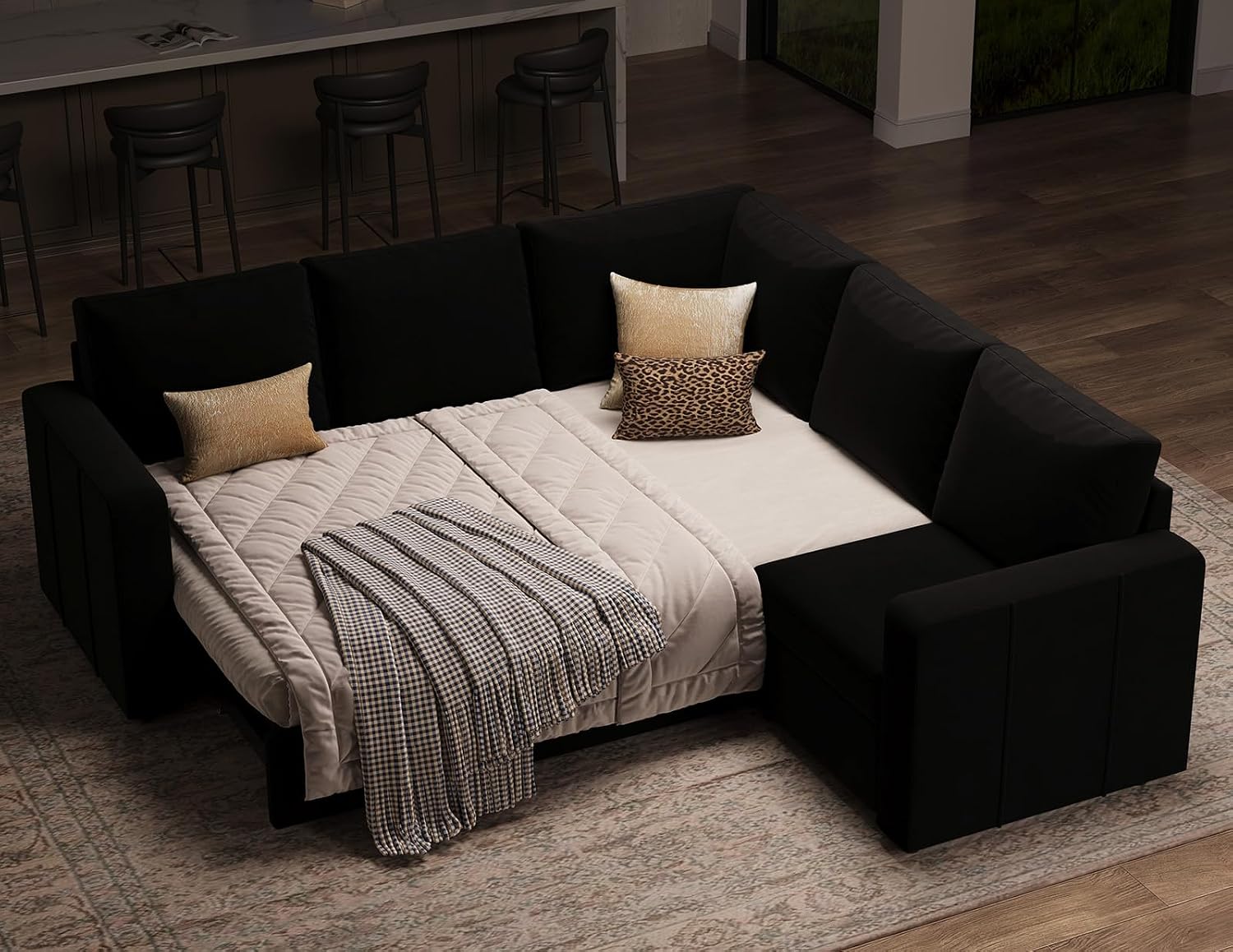 Belffin L Shape Modular Sectional Sleeper Sofa with Pull Out Bed Velvet Corner Sleeper Sofa Sectional Couch Convertible Sofa Black