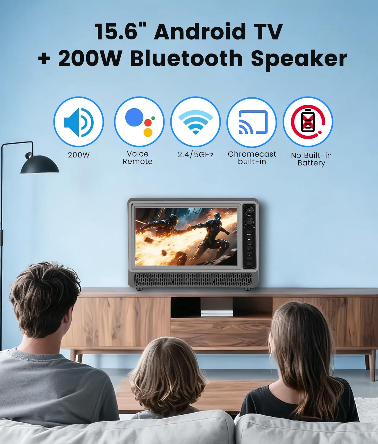 Feihe 15.6' Small Smart TV Built-in Bluetooth Speaker System, 200W Peak Power, 1080P FHD Smart Television with Wi-Fi/HDMI/USB/AUX for Home Entertainment & Camping