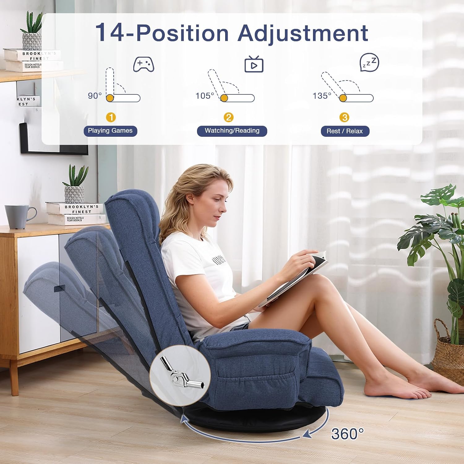 Linen Fabric Ergonomic Gaming Chair, 6-Position Reclining Sofa Bed with Lumbar Support, Foldable Floor Lounger with Thick Cushion, Armrests & Side Pockets for Esports, Reading, Napping (Blue)