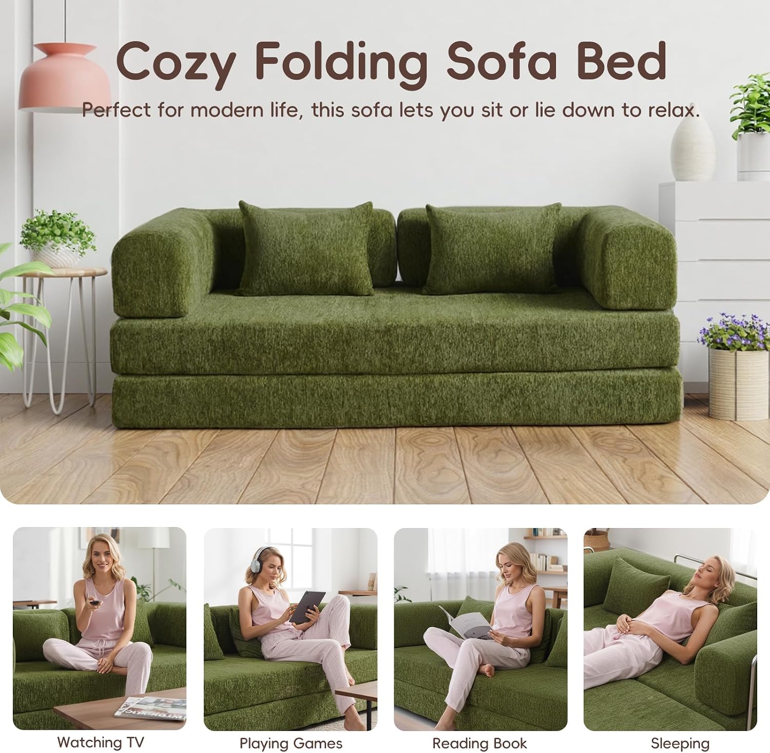 5-in-1 Convertible Folding Sofa Bed, 79' Queen Chenille Boneless Couch with Removable Armrests, No Assembly Loveseat Sleeper Sofa, Modular Futon Couch for Living Room & Bedroom, Green
