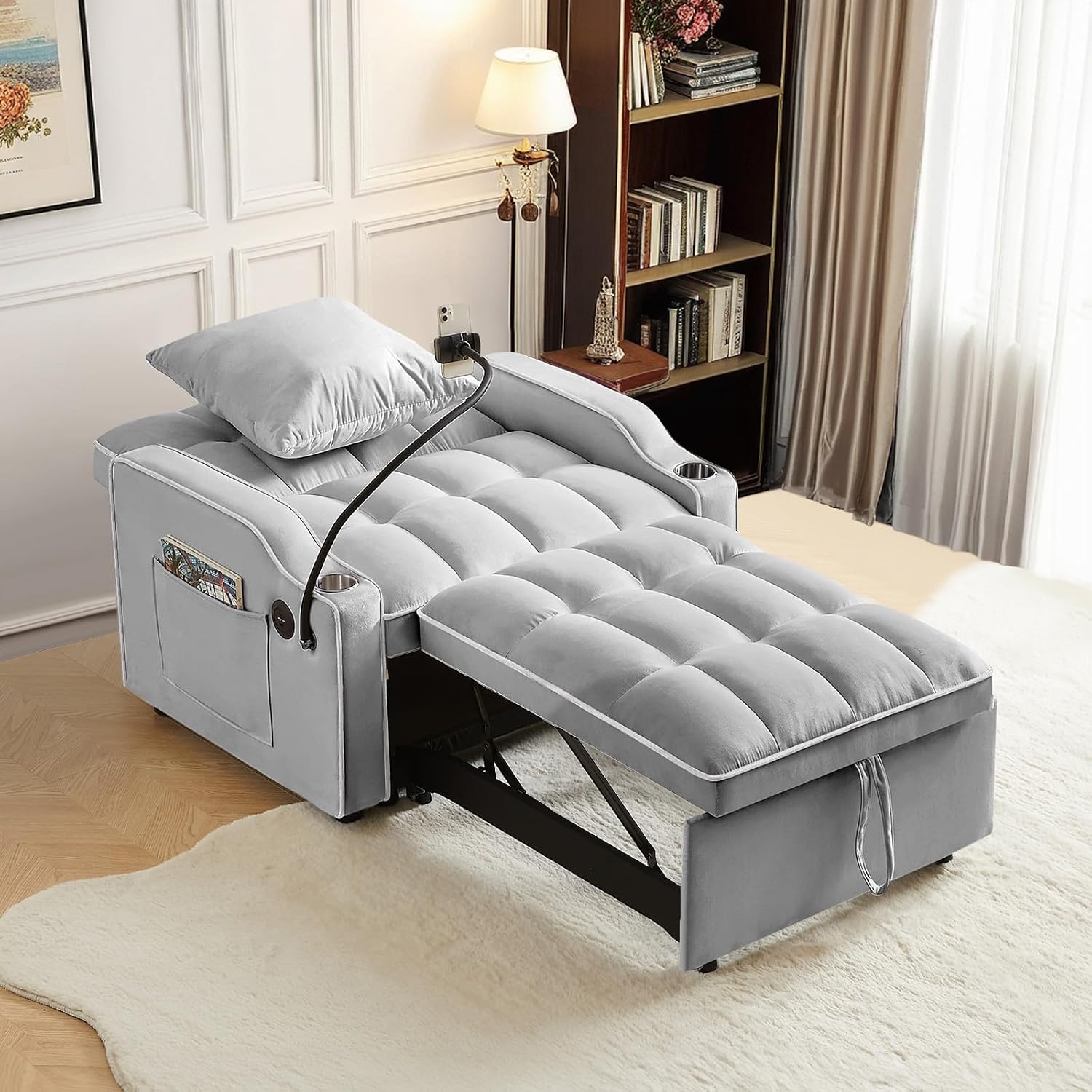Antetek Sleeper Sofa Chair Bed with Charging Ports & Phone Holder & Cup Holder, Modern Velvet 3 in 1 Convertible Pull Out Single Sofa Chair Bed for Small Spaces Apartment, Light Grey