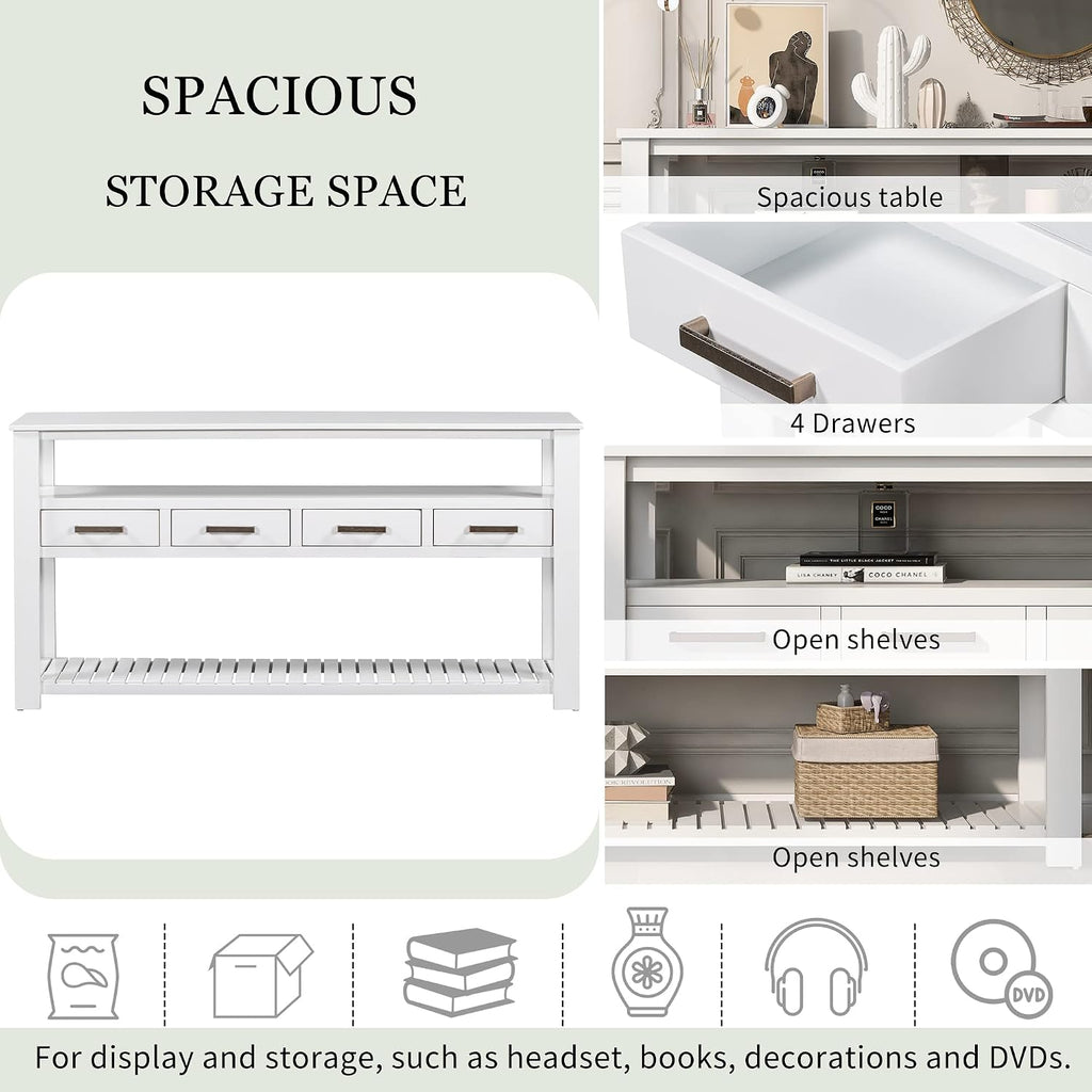 62 in White Console Table with 4 Drawers and 3-Tier Storage Shelves, Wood Modern Sofa Table Entryway Table Side Table for Entry Way, Hallway, Couch, Living Room, Kitchen, Foyer