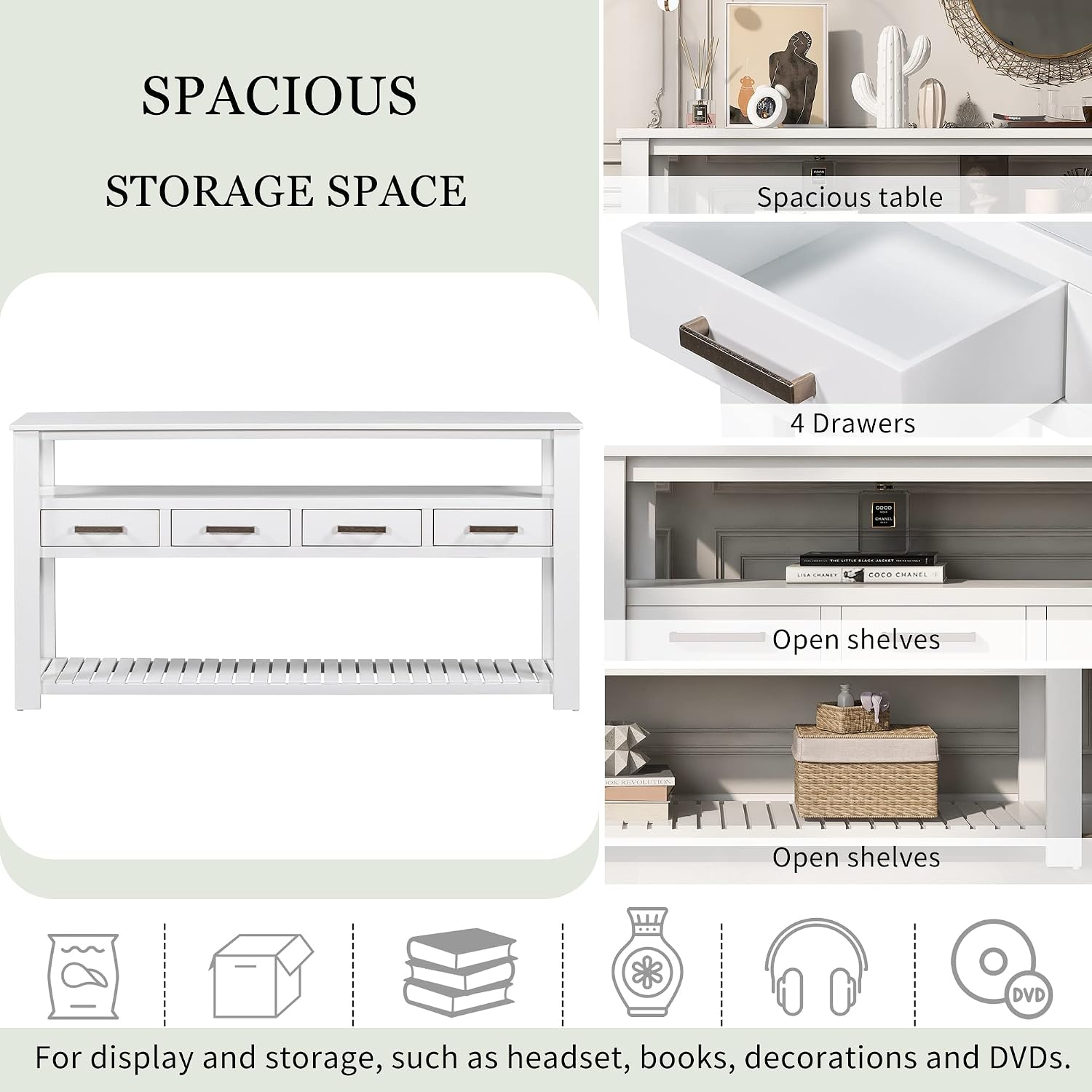 LKTART Console Table for Entryway with 4 Drawers,61.5'' Long Sofa Table with 3-Tier Open Shelves,Entry Table for Hallway,Foyer,Living Room,White