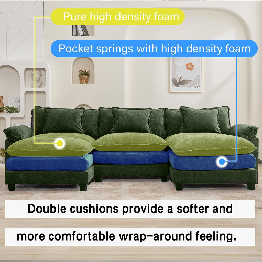 Oprisen 120' Modular Sectional Sofa, Comfy Cloud Couch Sectional Sofa with Ottoman, Chenille Sofa Sleeper Deep Seat Sofa with Throw Pillows for Living Room (Green, 120'- U Shape)
