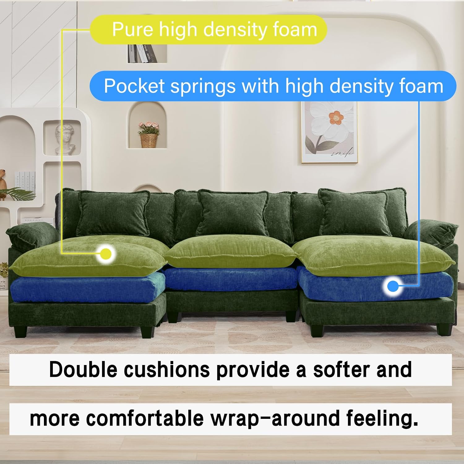 Oprisen 120' Modular Sectional Sofa, Comfy Cloud Couch Sectional Sofa with Ottoman, Chenille Sofa Sleeper Deep Seat Sofa with Throw Pillows for Living Room (Green, 120'- U Shape)
