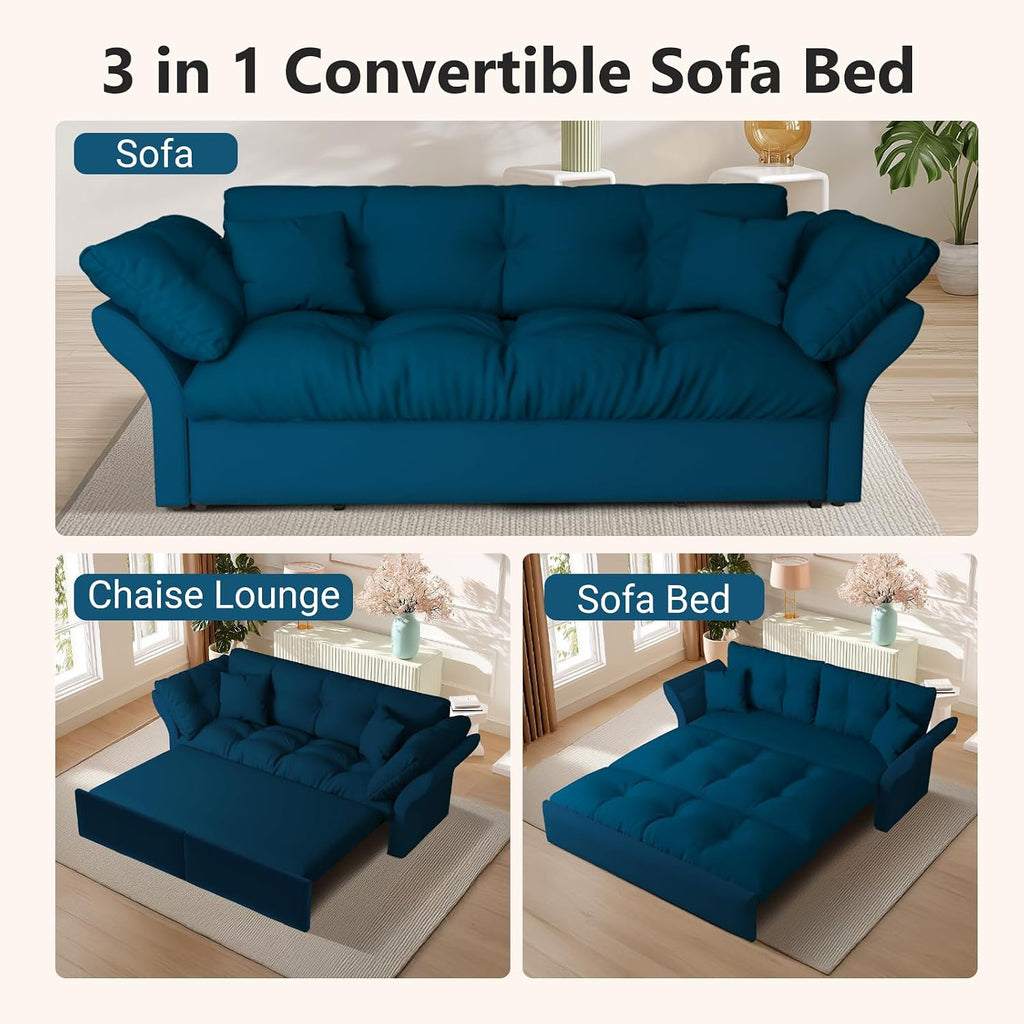 74.8' Queen Pull Out Sofa Bed, 3-in-1 Convertible Sleeper Sofa Bed, Velvet Small Loveseat for Small Spaces, Comfy Cloud Pullout Couches, Multi-Functional Couches for Living Room, Bedroom, Lounge(Blue)